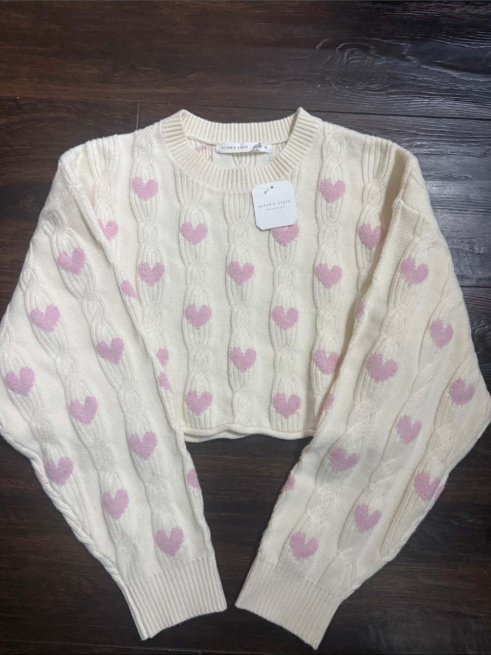 Altar'd State Cream Cable Knit Crew Sweater with Pink Heart Pattern
